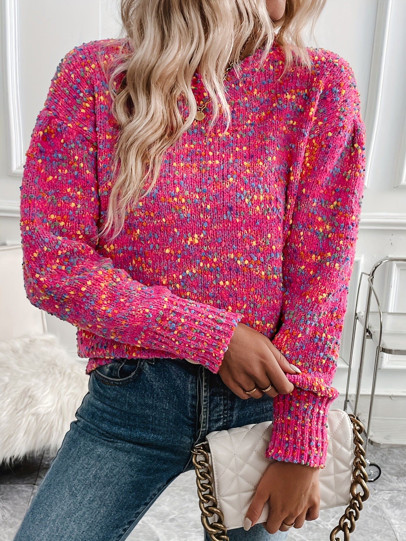 Dotted Crew Neck Sweater In Rose Red