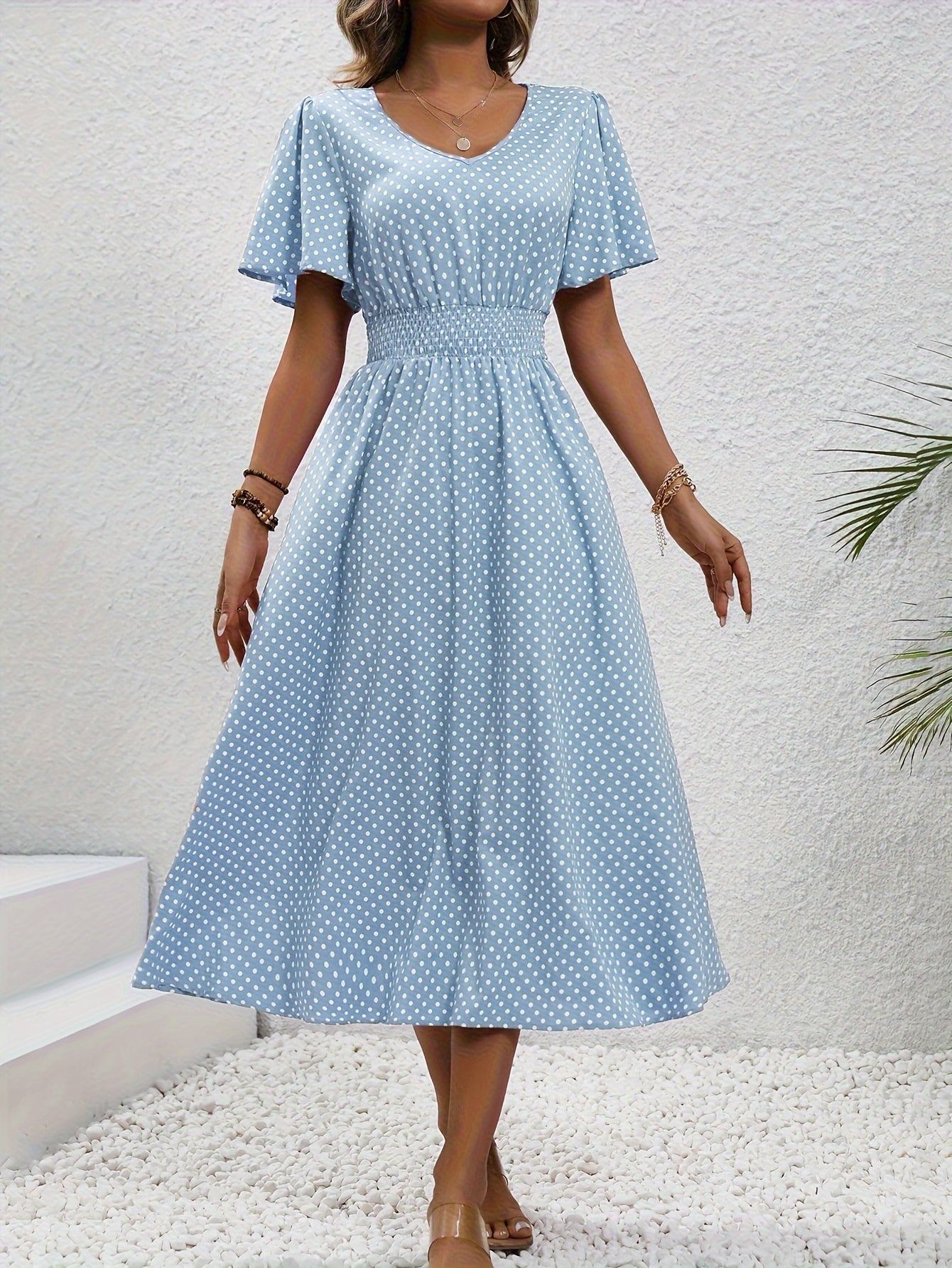 Polka Dot Flared Sleeves Shirred Waist Midi Dress In Various Colors