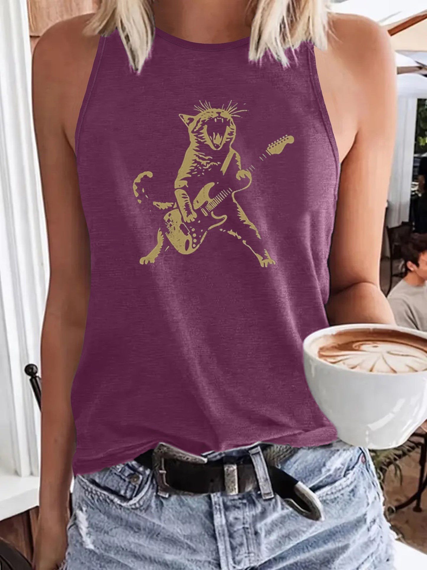 Cat Playing Guitar Crew Neck Tank Top In 3 Colors