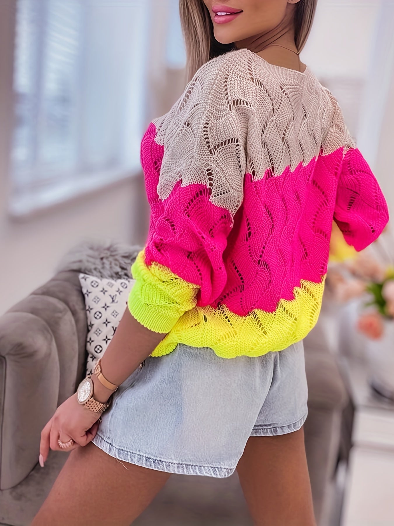 Color Block Boat Neck Sweater In Beige, Rose Pink, Neon Yellow