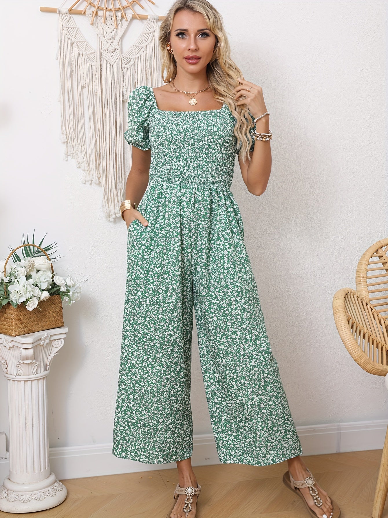 Floral Wide Leg Puff Sleeve Jumpsuit In Various Colors