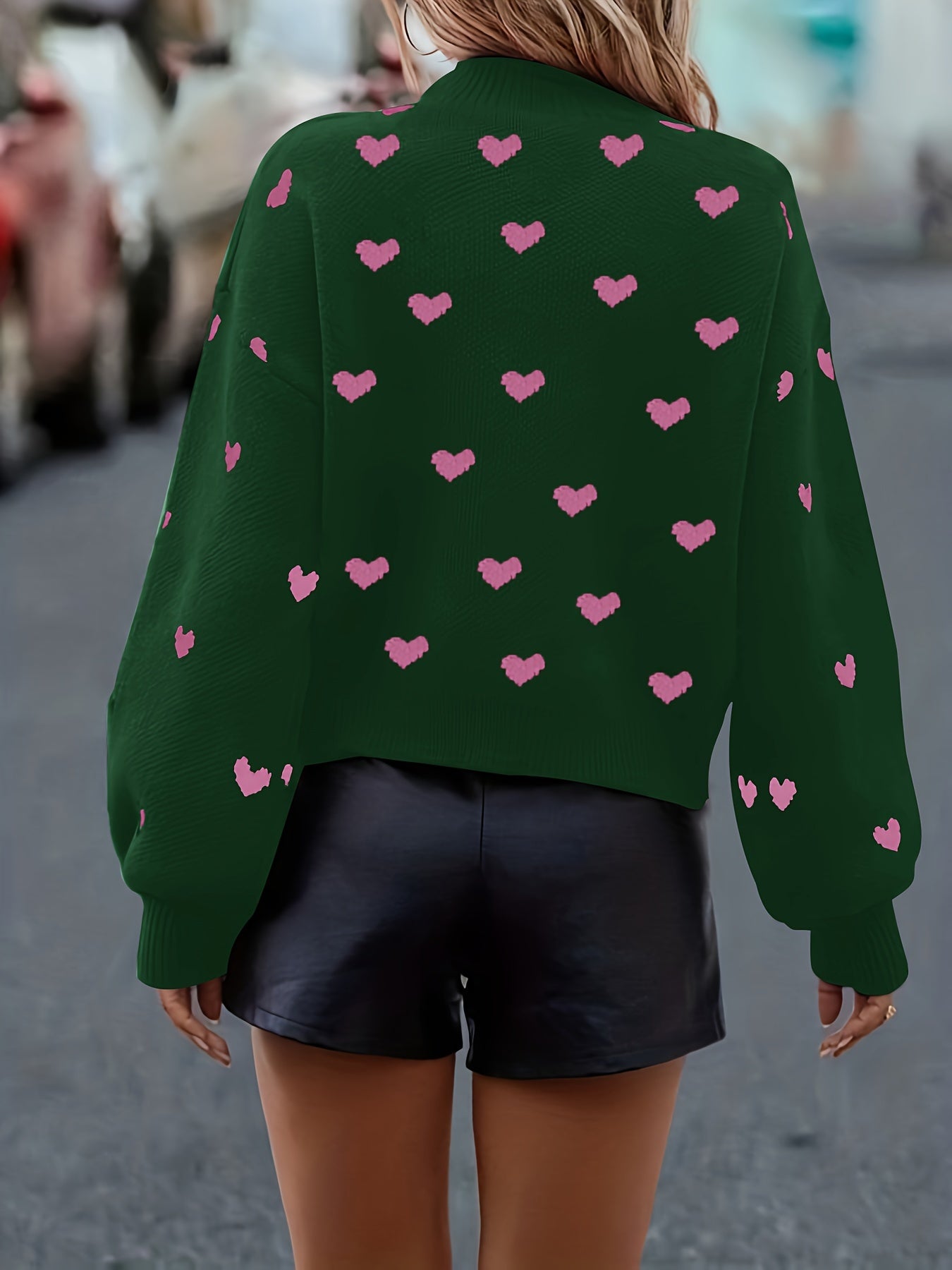 Heart Pattern Knit Sweater In Dark Green With Pink Hearts