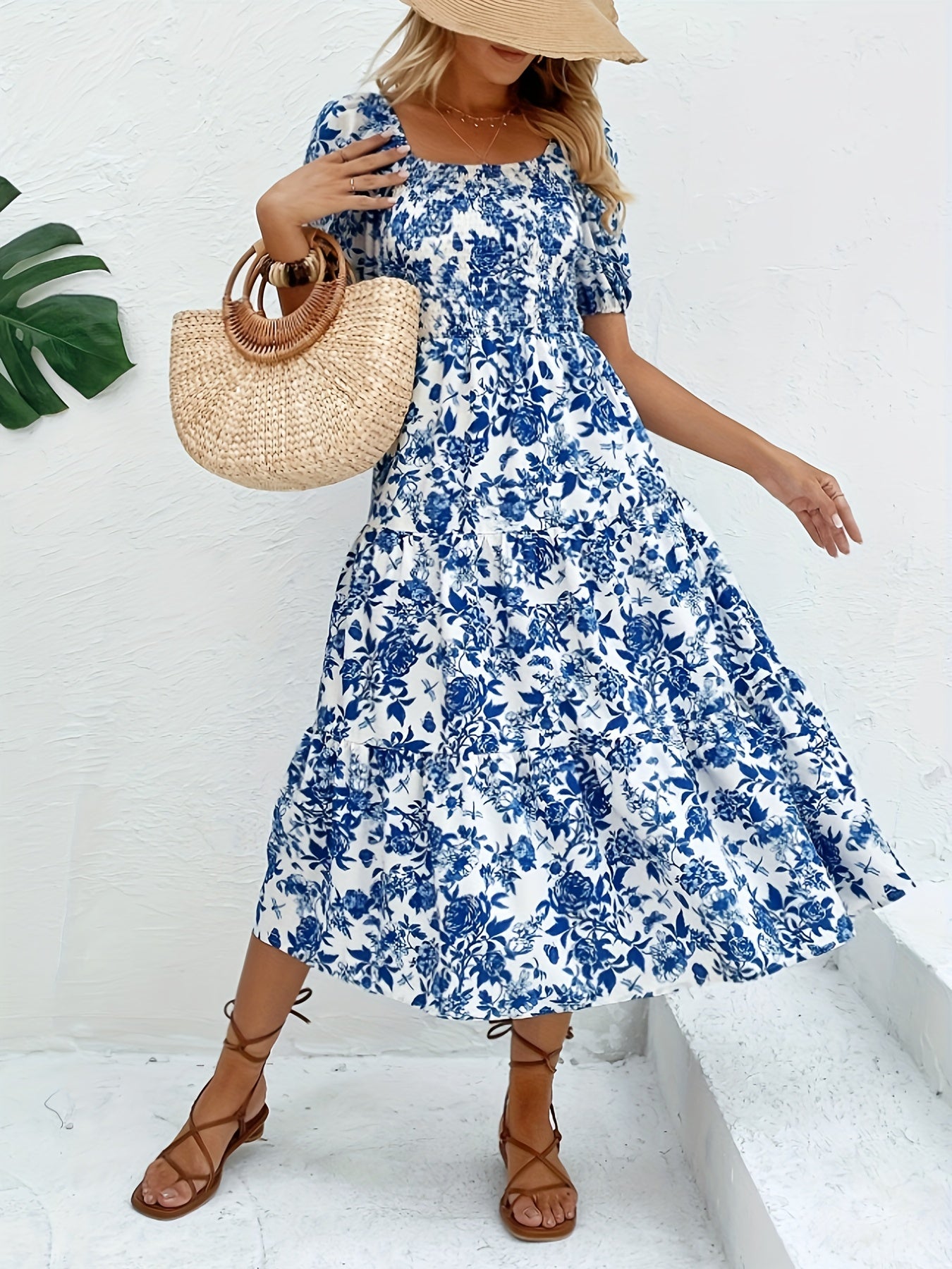 Floral Short Sleeve Midi Dress In 2 Colors