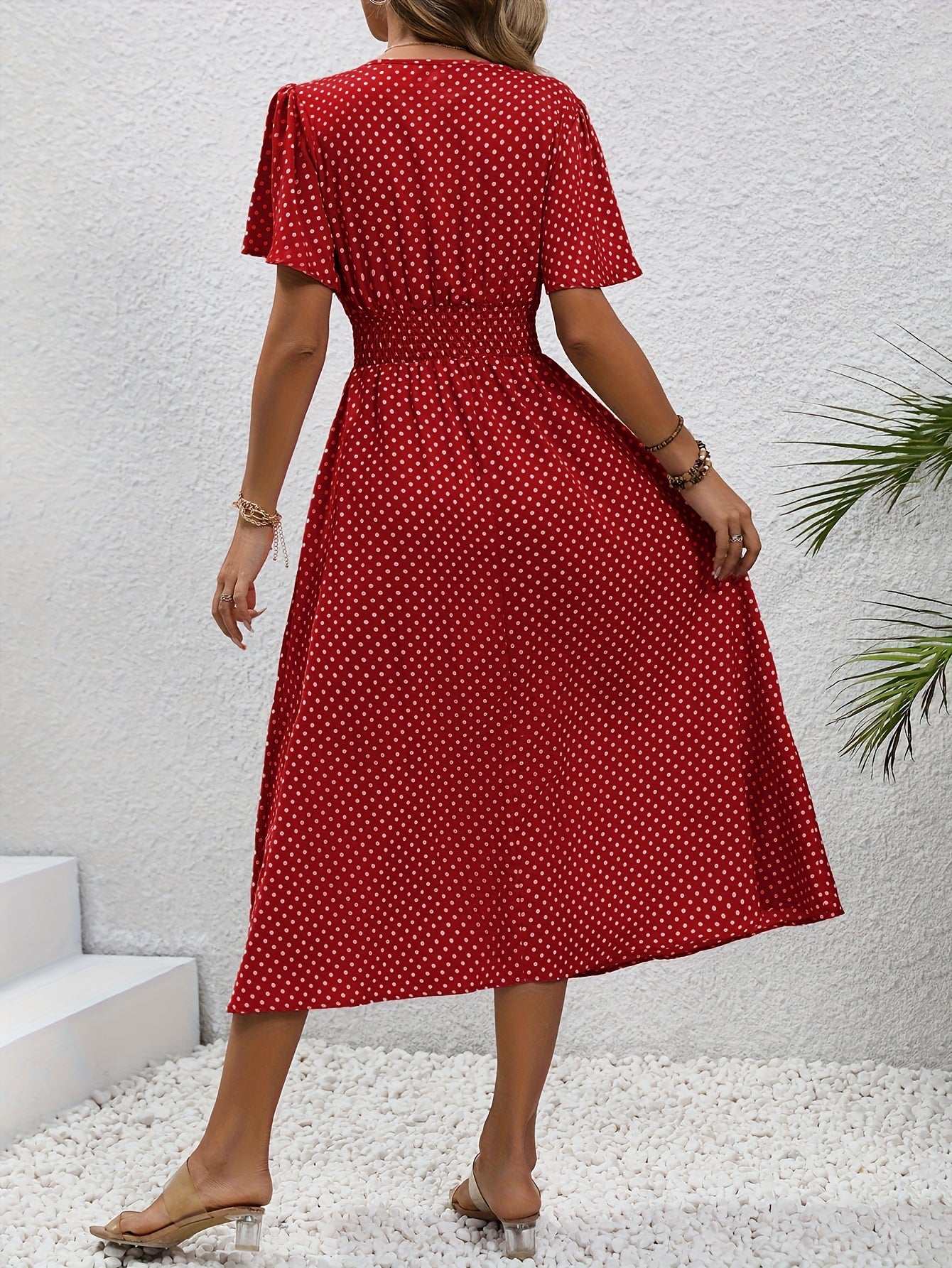 Polka Dot Flared Sleeves Shirred Waist Midi Dress In Various Colors