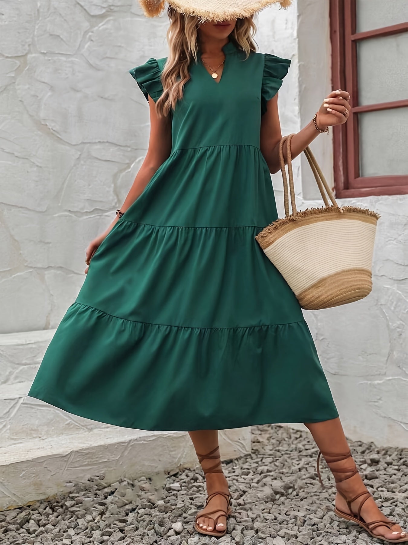 Flutter Sleeve Ruffled Tiered Midi Dress In 2 Colors