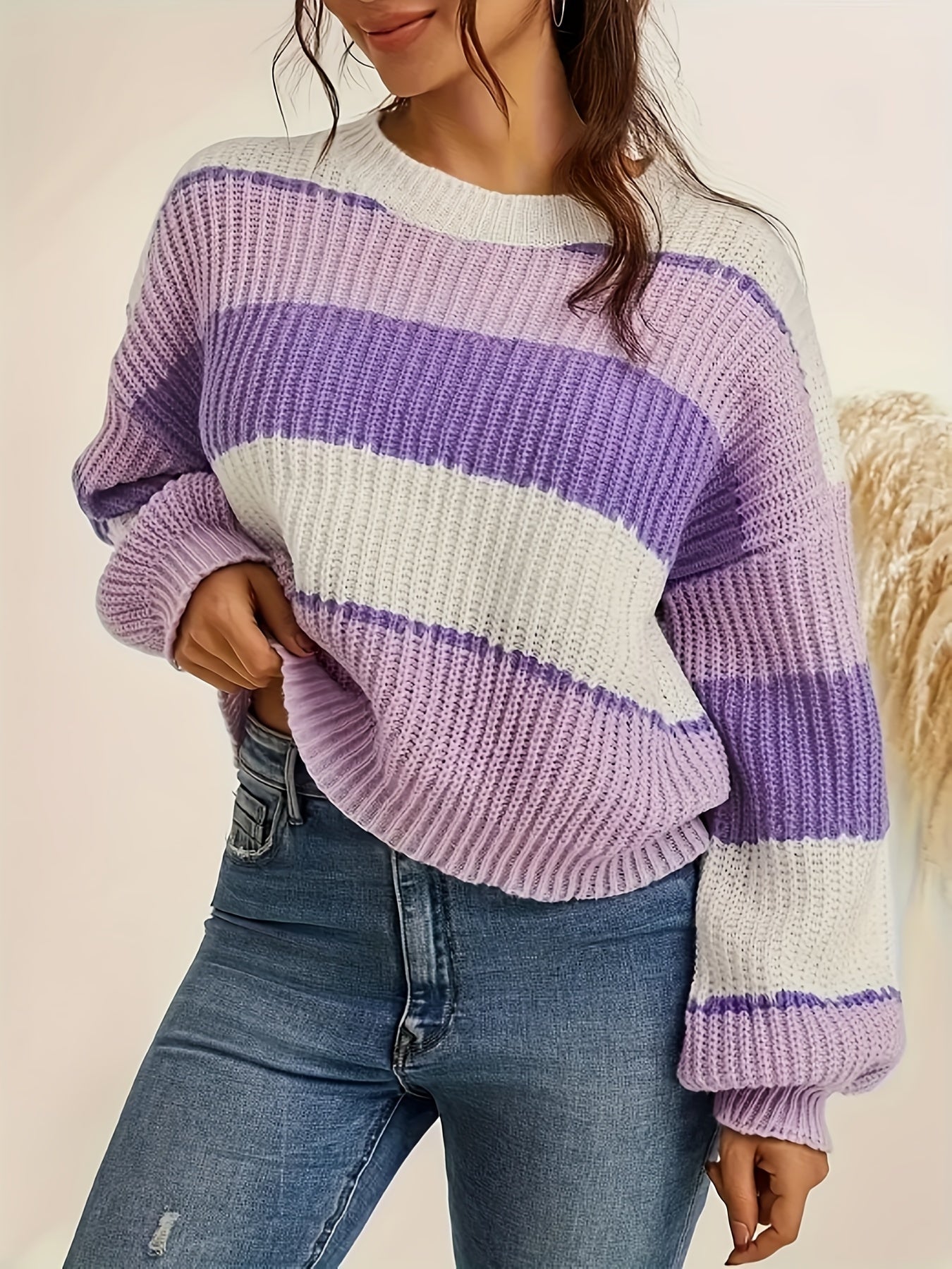 Color Block Crew Neck Pullover Sweater In Purple