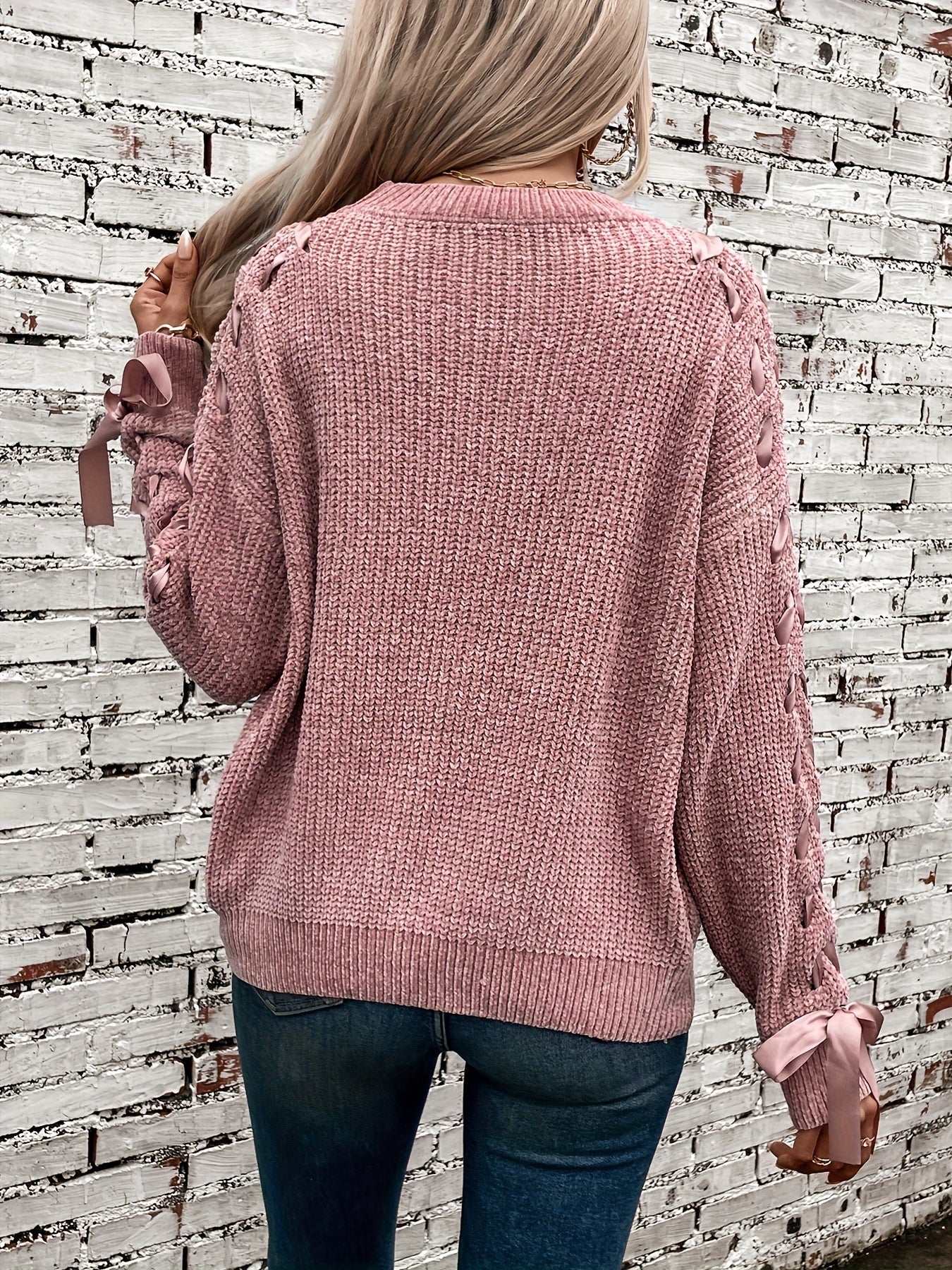 Lace Up Sleeves Knitted Sweater In Pink