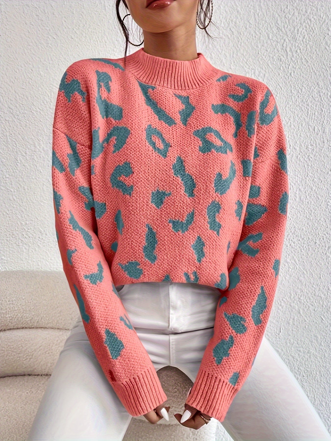 Leopard Print Loose Fit Pullover Sweater In Coral