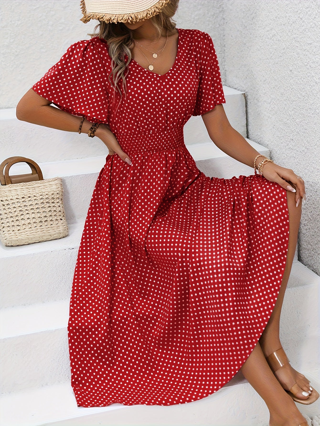 Polka Dot Flared Sleeves Shirred Waist Midi Dress In Various Colors