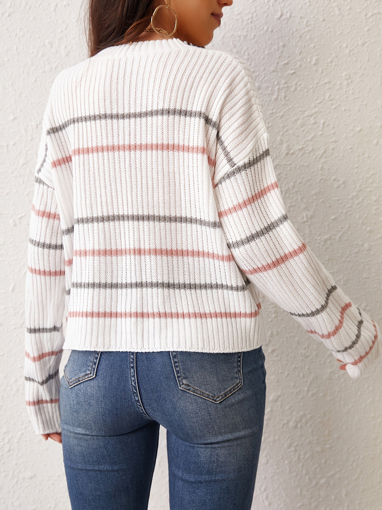 Striped Drop Shoulder Knit Sweater In White