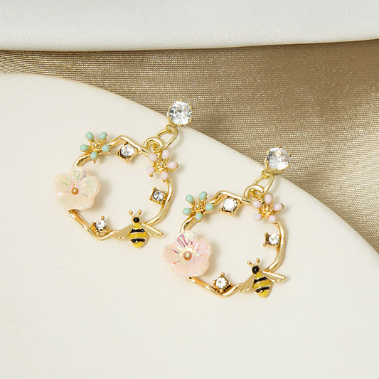 Bee With Pink Flower Wreath Dangle Earrings