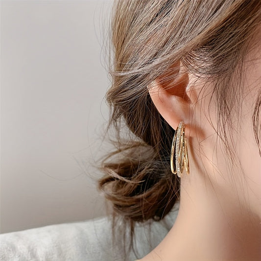 Rhinestone Triple Hoop Earrings In Gold