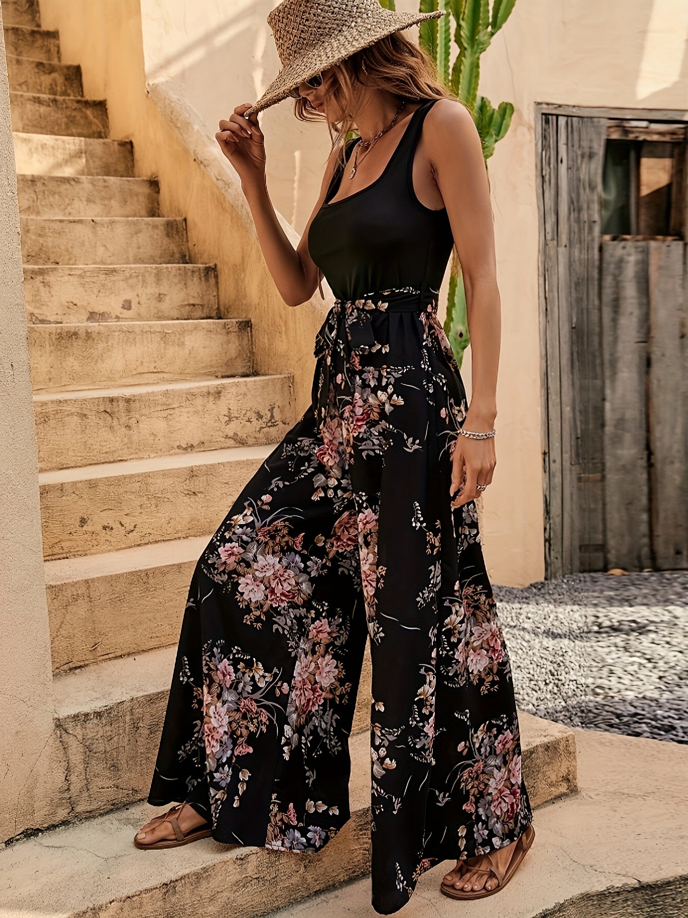 Floral Square Neck Sleeveless Jumpsuit