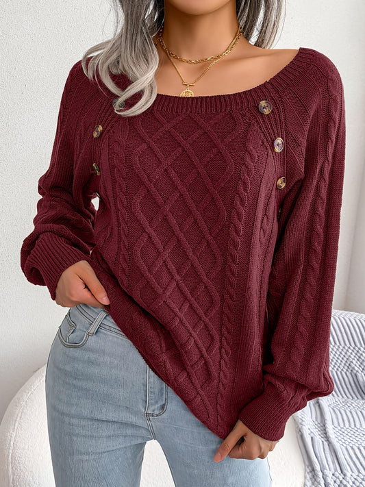 Long Sleeve Raglan Cable Knit Sweater In Burgundy