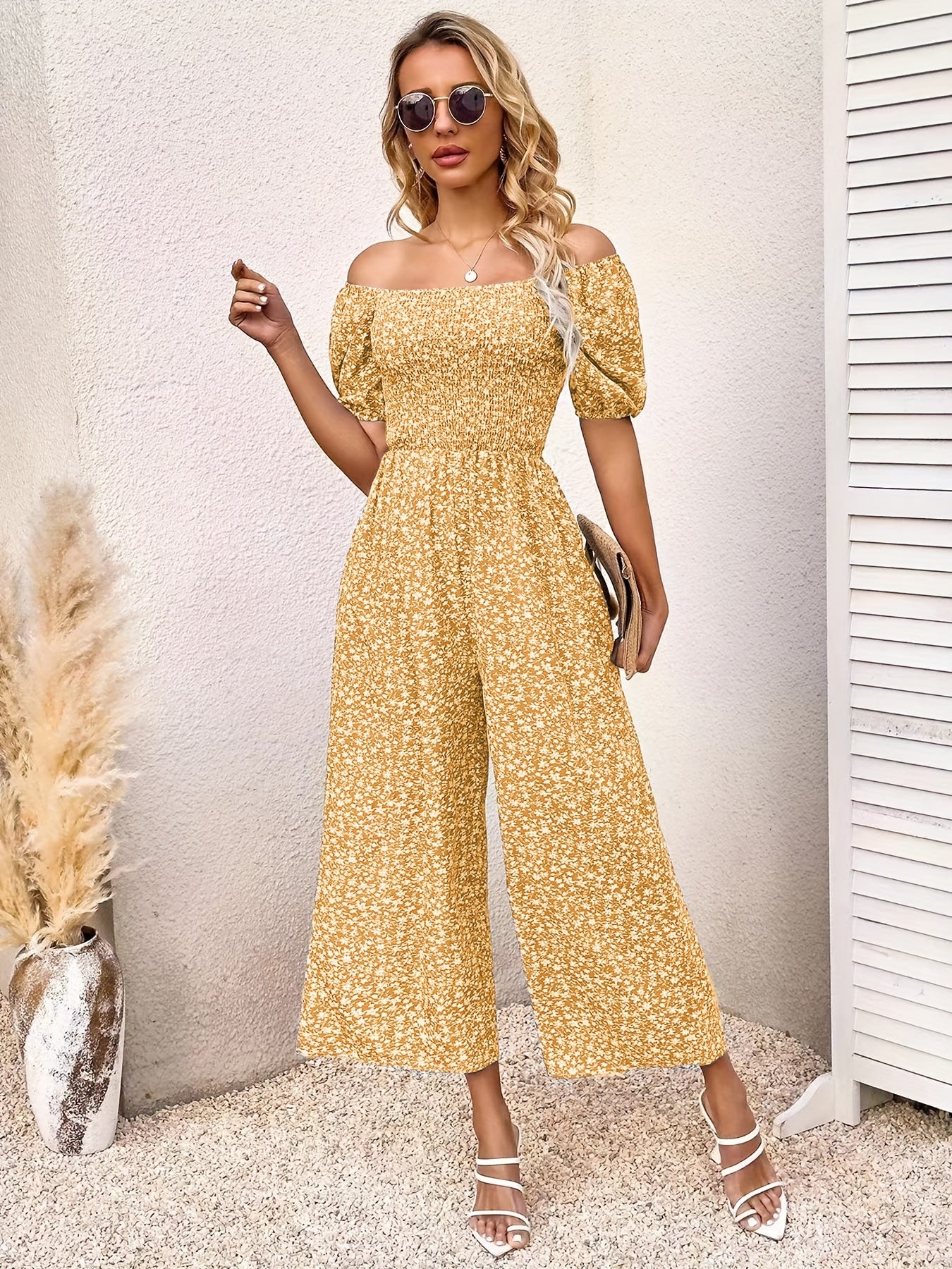 Floral Wide Leg Puff Sleeve Jumpsuit In Various Colors