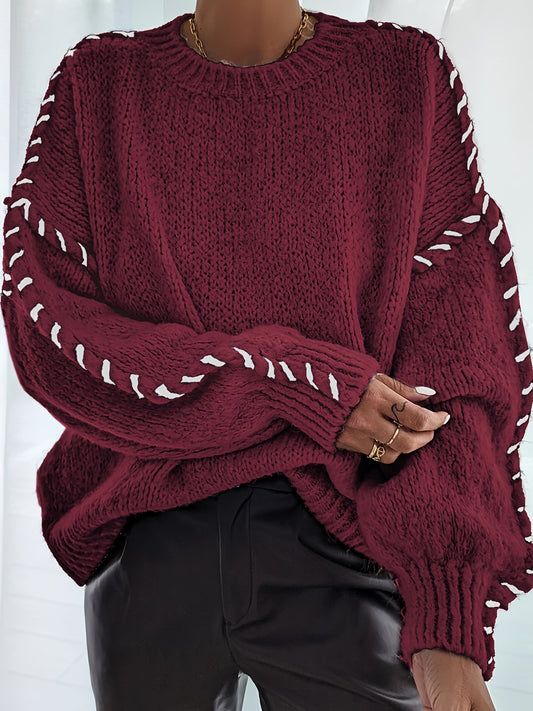 Drop Shoulder Loose Knitted Pullover Sweater with Contrasting Trim In Burgundy