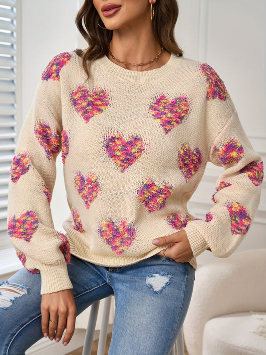 Heart Pattern Crew Neck Sweater In Pink