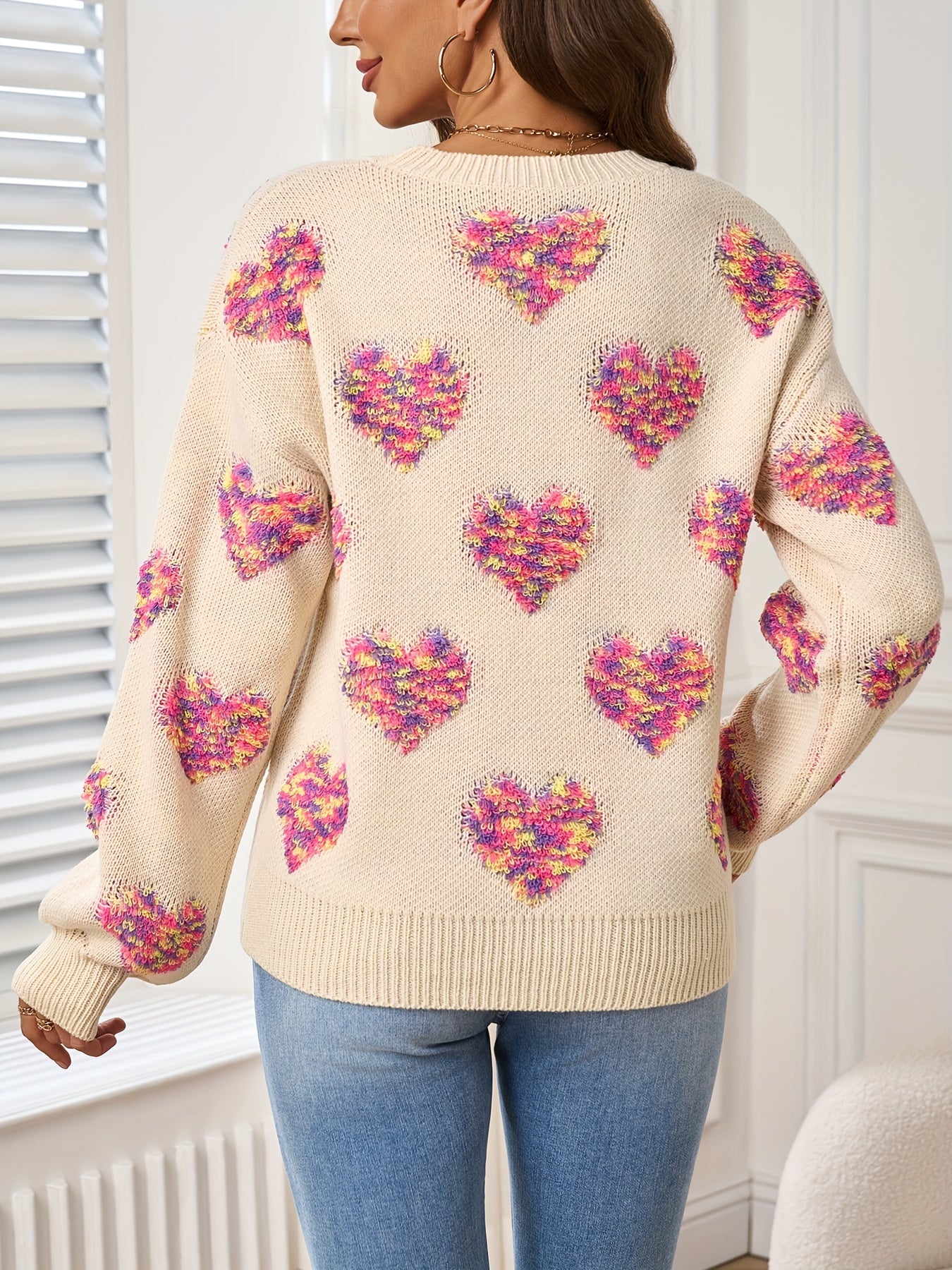 Heart Pattern Crew Neck Sweater In Pink