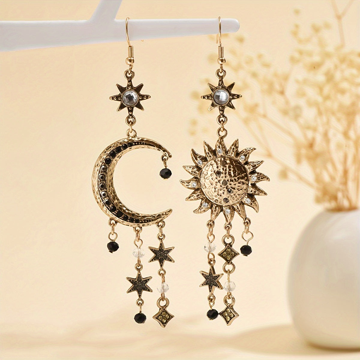 Bohemian Asymmetrical Sun And Moon Dangle Earrings