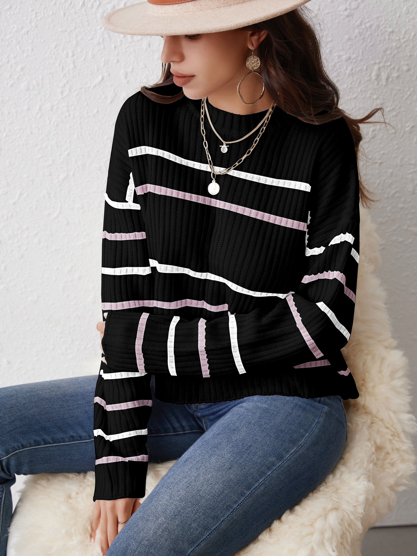 Striped Drop Shoulder Knit Sweater In Black