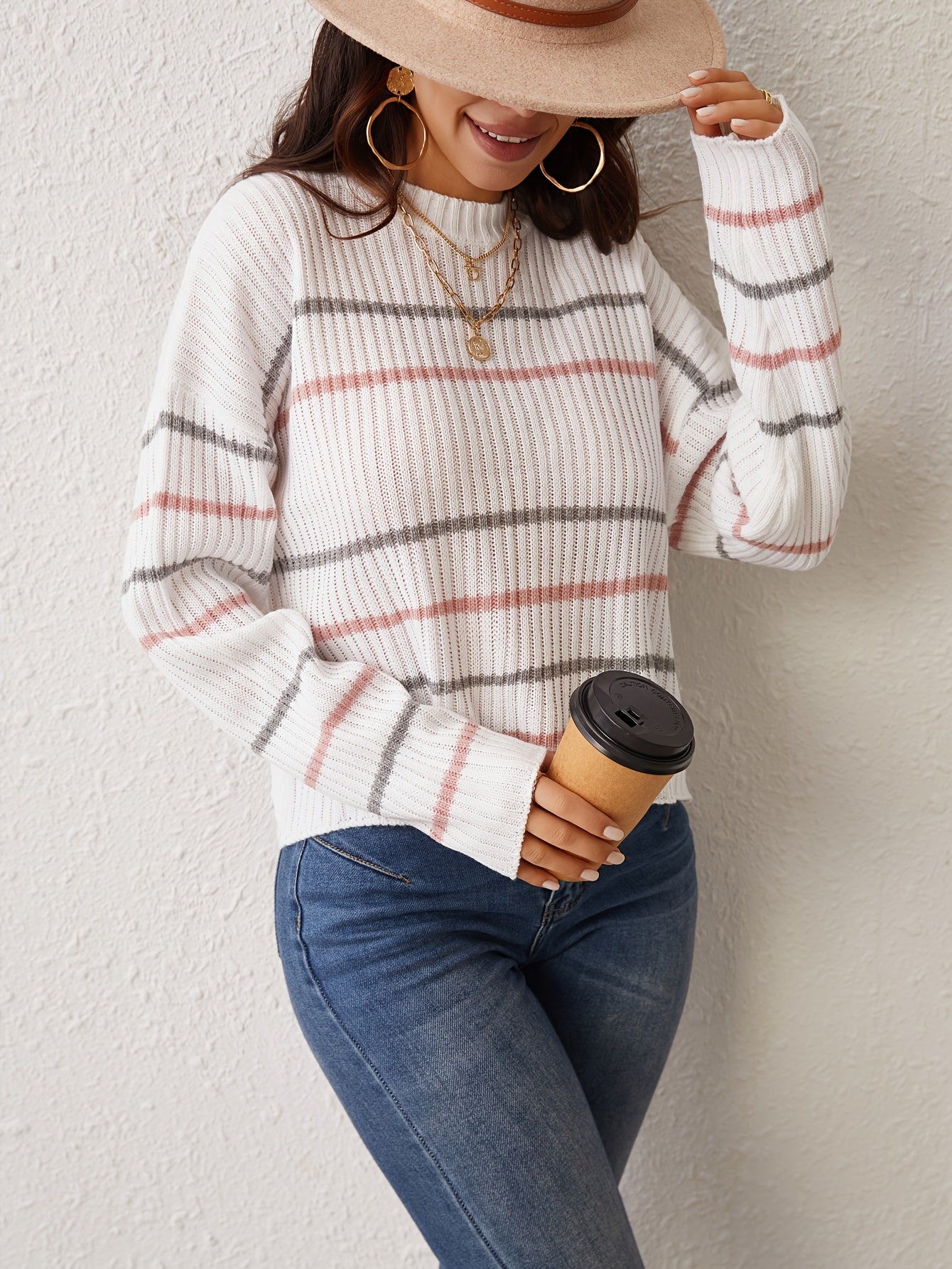 Striped Drop Shoulder Knit Sweater In White