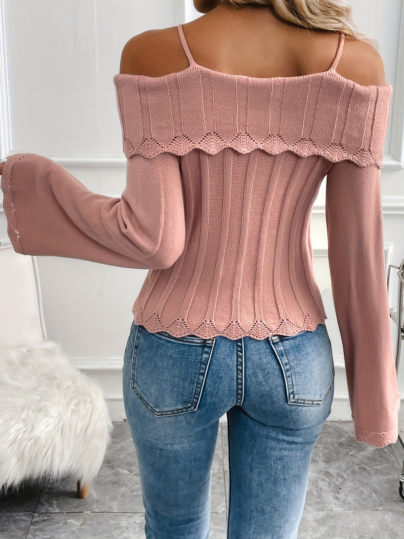 Scallop Trim Bell Sleeve Off Shoulder Sweater